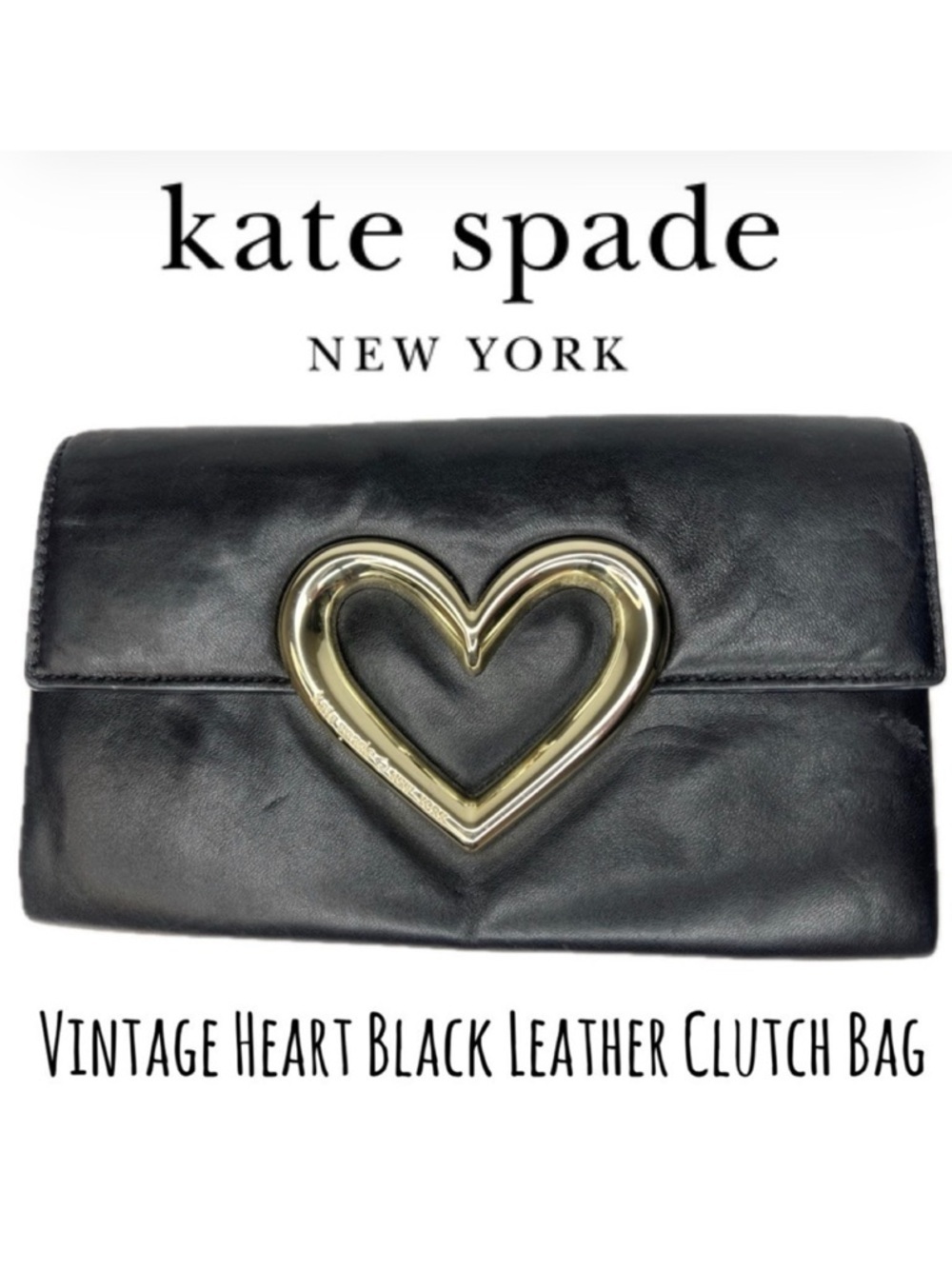 Kate Spade Black Vintage Leather Gold Heart ❤️ Clutch Bag
